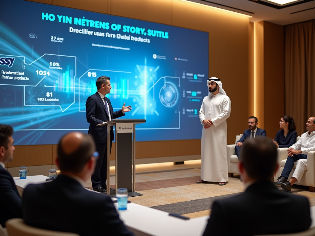 Business presentation in a conference room with a speaker at a podium and an attentive audience including a man in traditional Emirati attire.