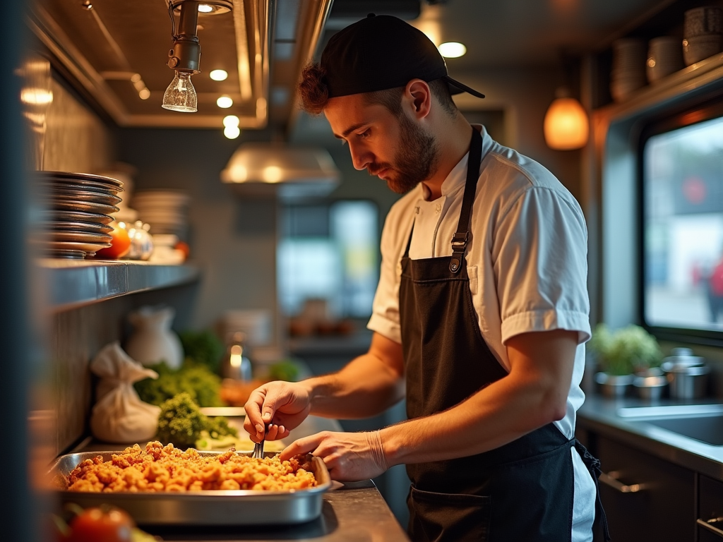 Chef in a cap and apron meticulously garnishing a tray of pasta in a professional kitchen.