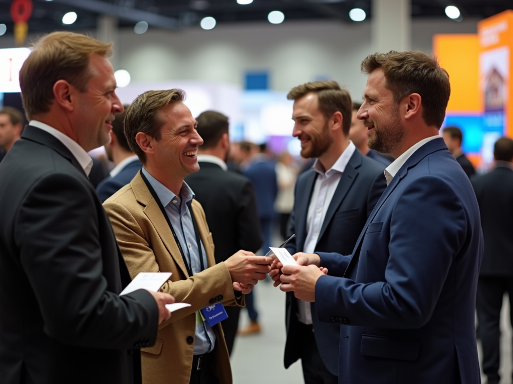 Four men in business attire laughing and exchanging business cards at a busy conference event.