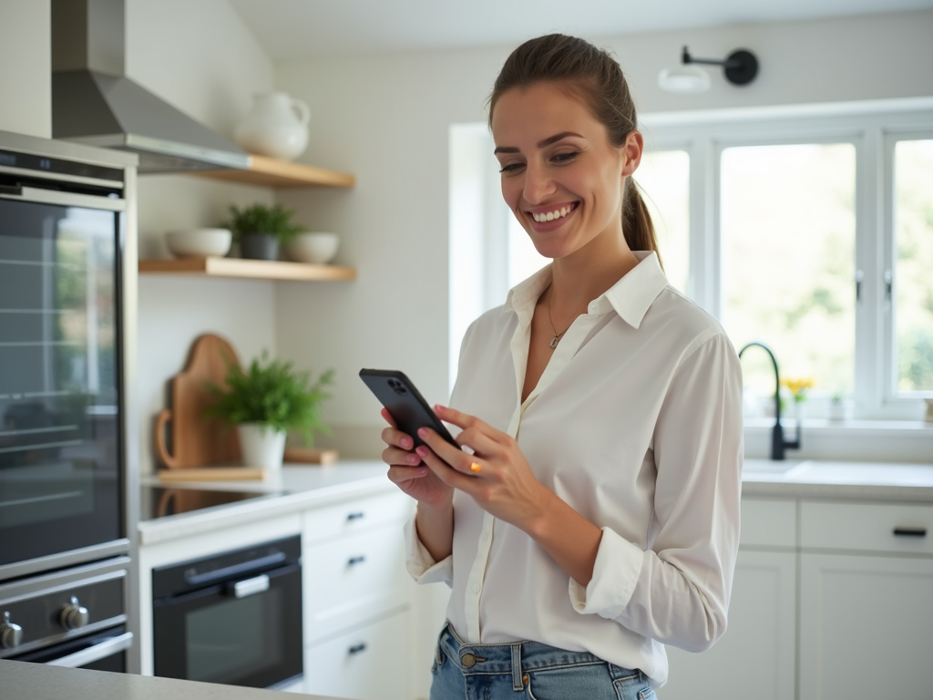 A smiling woman in a white shirt uses her smartphone in a modern kitchen with natural light and plants.