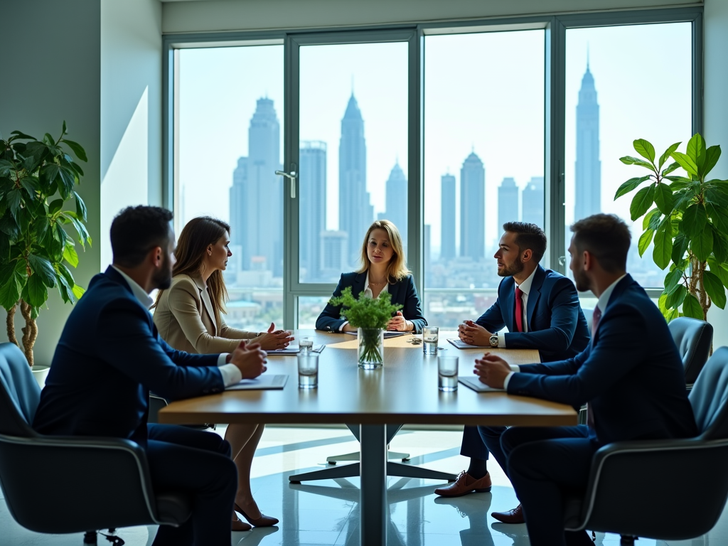 A business meeting with five professionals in suits, discussing with a city skyline view behind them.