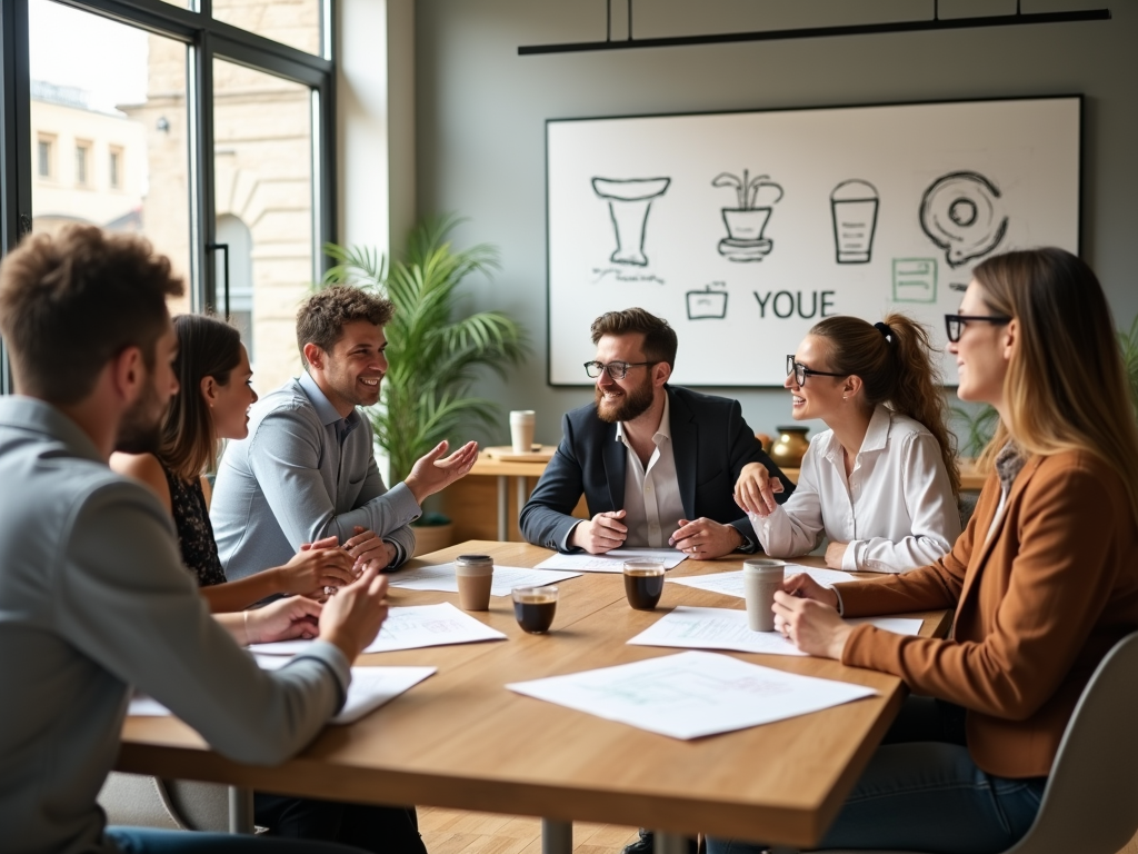 A group of six professionals engaged in a discussion around a wooden conference table. Papers and coffee cups are present.