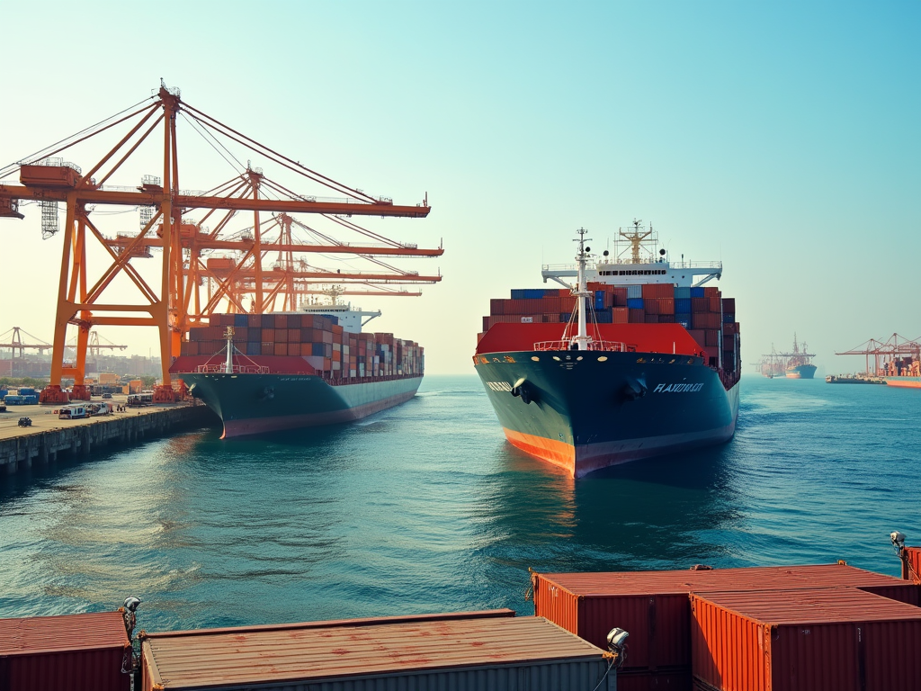 Two large cargo ships docked at a busy port with cranes and containers under a clear sky.