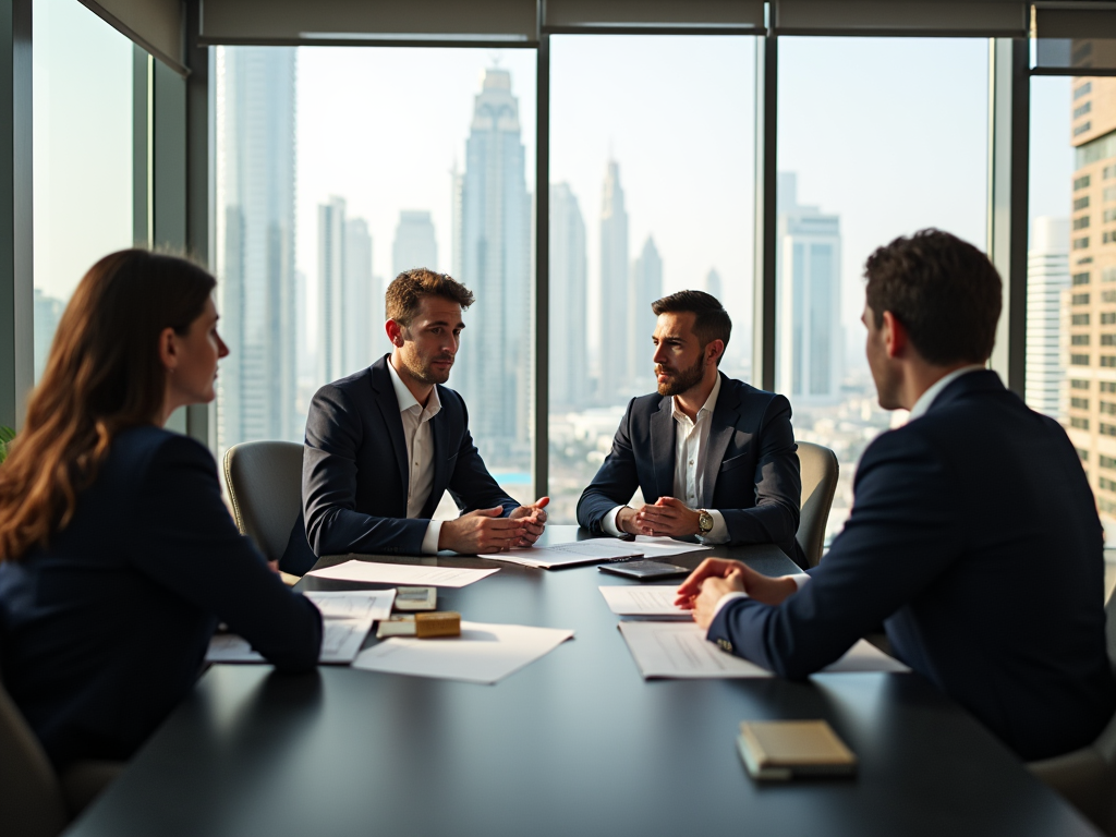 Four professionals in a high-rise office, discussing over documents, with a cityscape background.