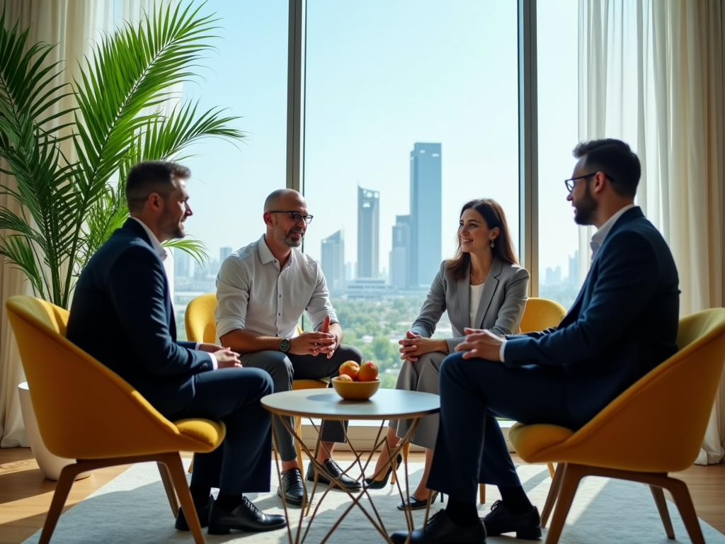 Four professionals in a bright office with city skyline, discussing around a small table.