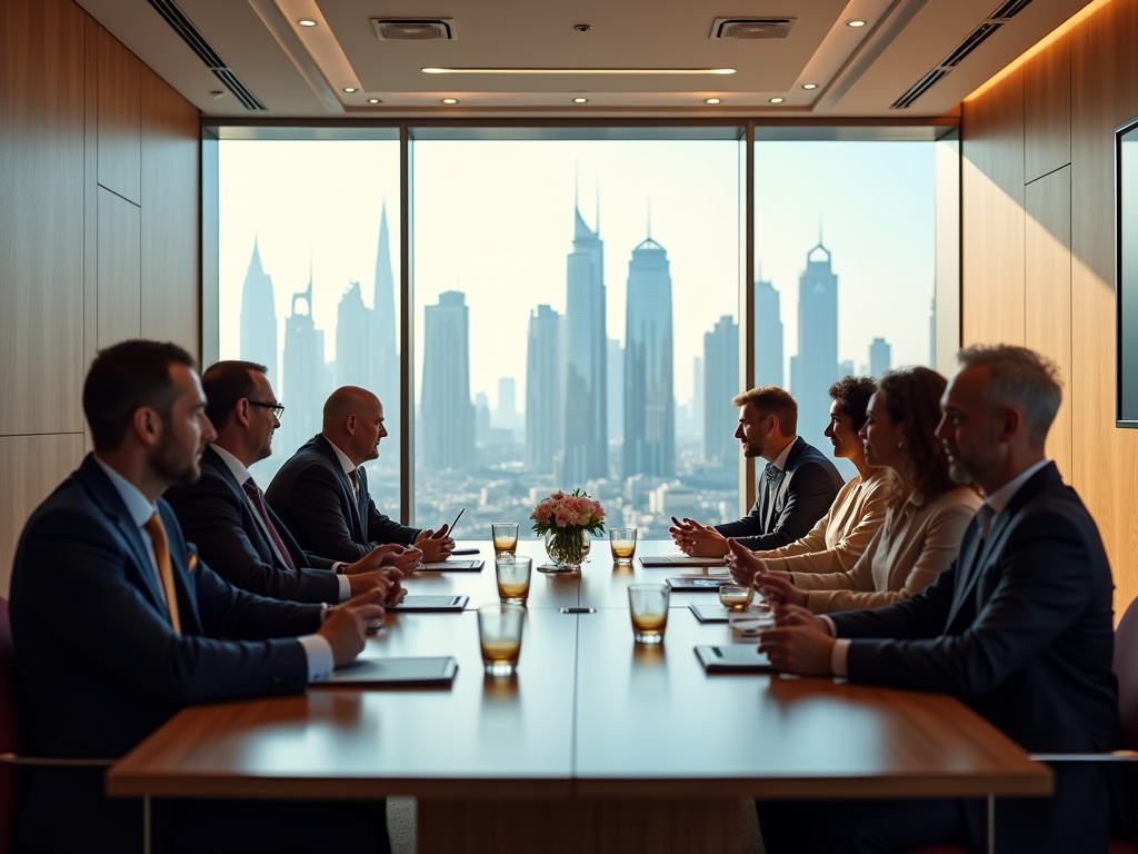 A formal meeting with eight professionals seated at a table, city skyline visible through large windows.