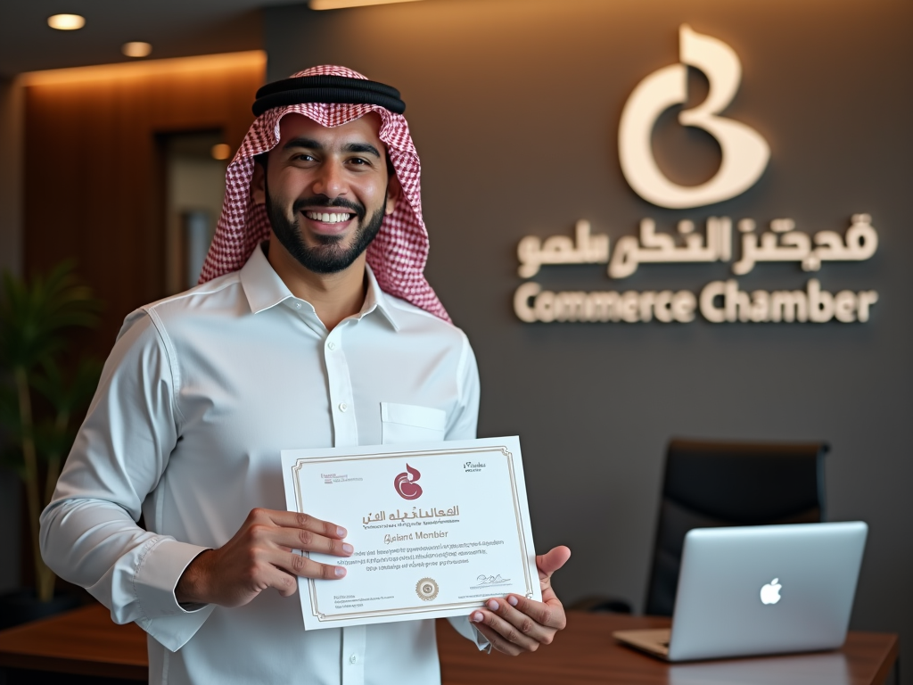 Man in thobe smiling and holding a certificate at the Commerce Chamber office.