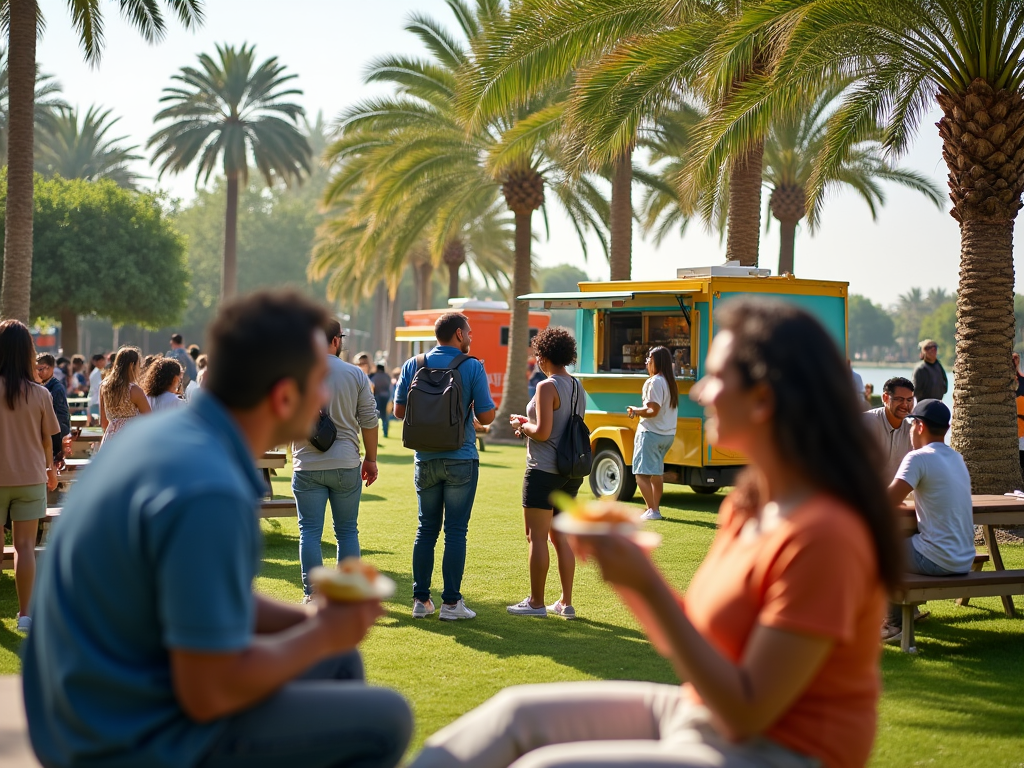 People enjoying food from a food truck in a sunny park with palm trees.