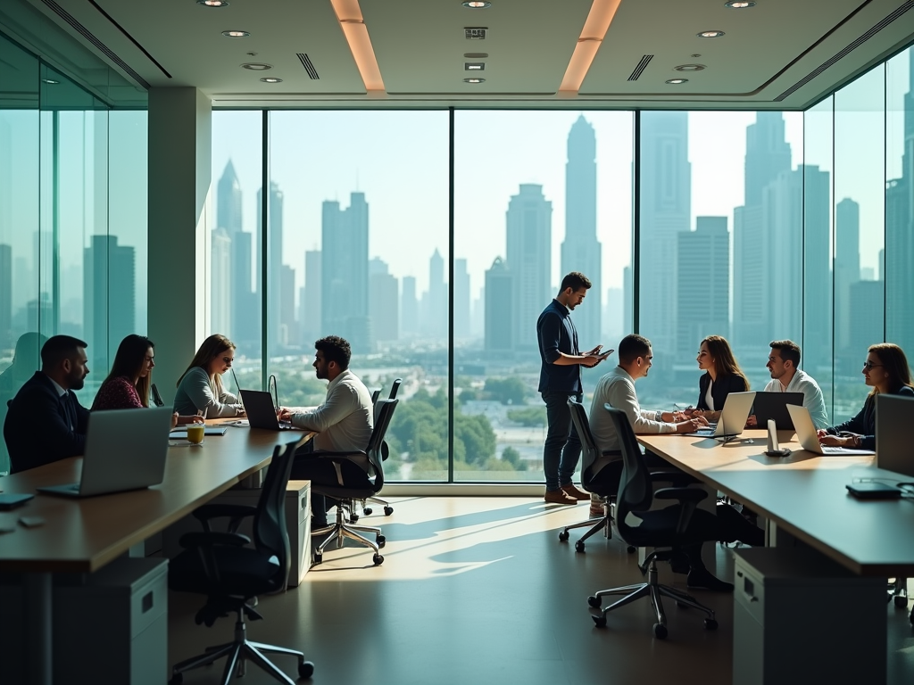 Office meeting in a room with large windows overlooking a city skyline, with multiple people discussing around tables.