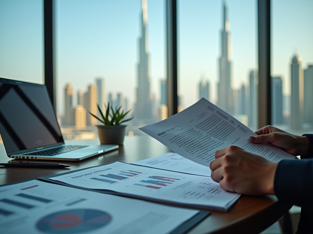 Businessperson reviewing documents with laptop on desk, city skyline in background through window.