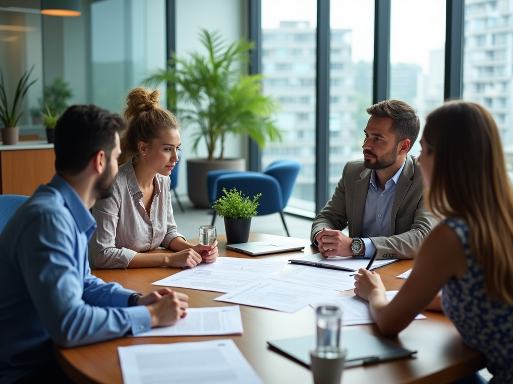 Four professionals discussing documents in a modern office with city view.