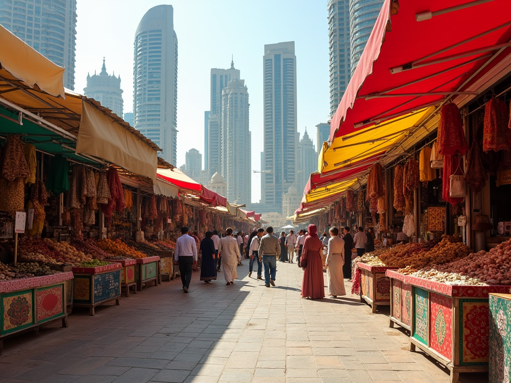 Outdoor market with colorful stalls selling spices, framed by tall modern skyscrapers, crowded with shoppers.