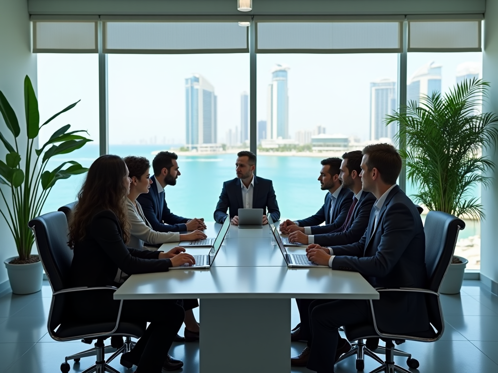 Business meeting in progress in a conference room with city skyline view.