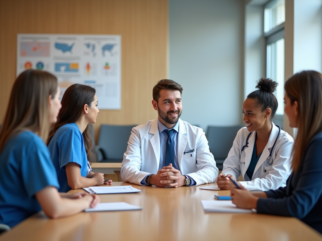 Medical team discussing in a meeting room with charts in background.