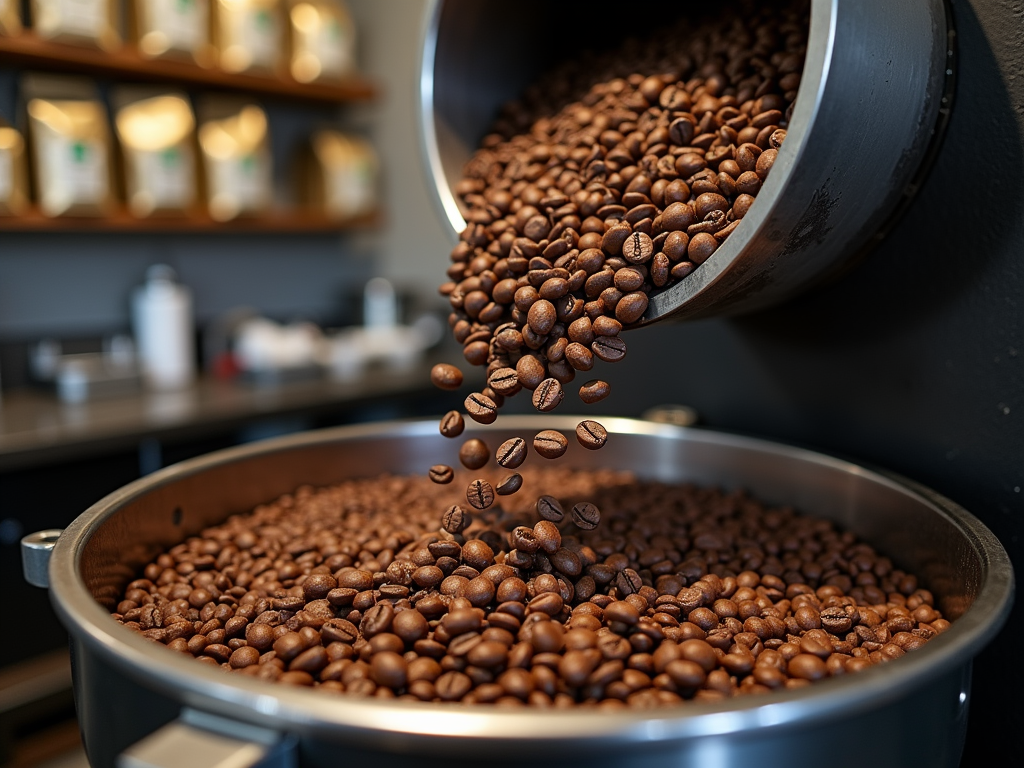 A metallic container is pouring roasted coffee beans into a large bowl, with a backdrop of coffee packages.