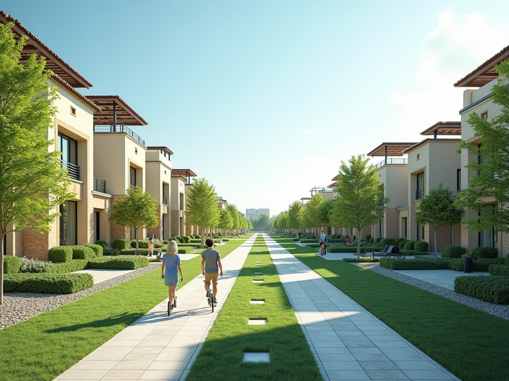 A sunny pathway lined with modern houses and greenery, where people walk and ride bikes along the sidewalk.