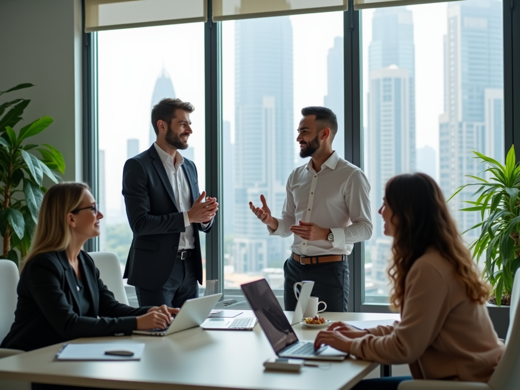 Four professionals engage in a discussion in a modern office with a city skyline view. Laptops are open on the table.