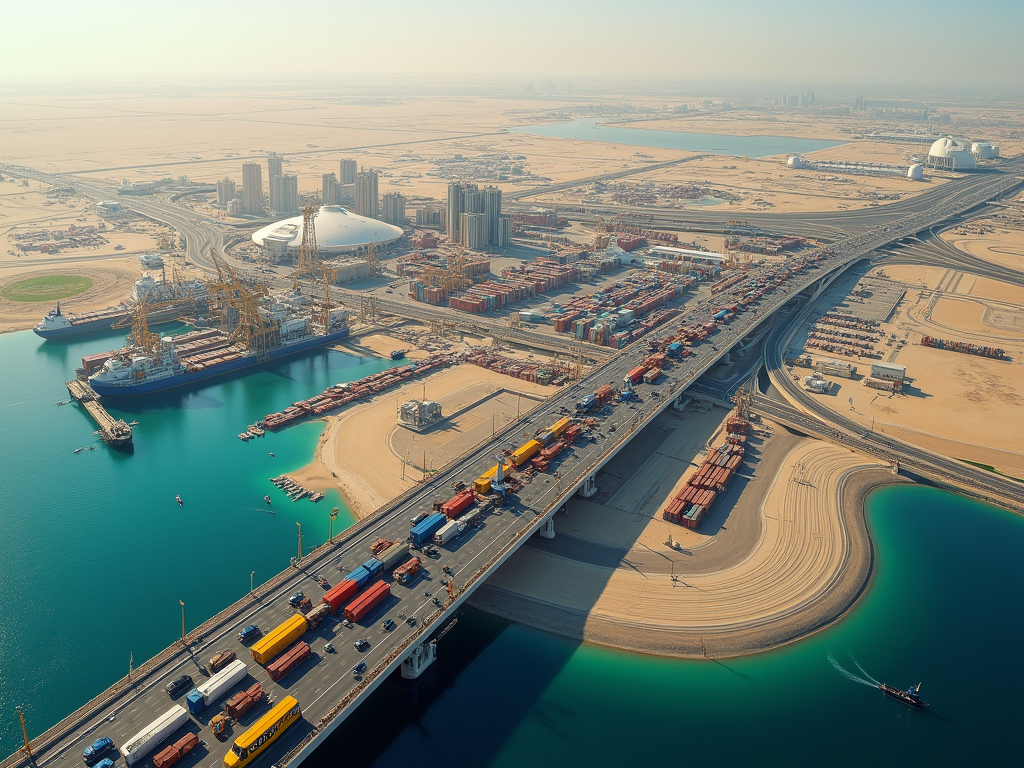 Aerial view of a busy port with numerous colorful shipping containers, ships, and a bridge filled with traffic.