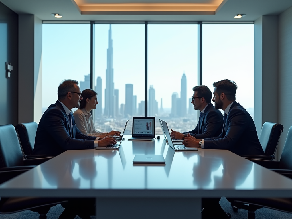 Four professionals in suits engage in a meeting at a boardroom table, with a city skyline visible through large windows.