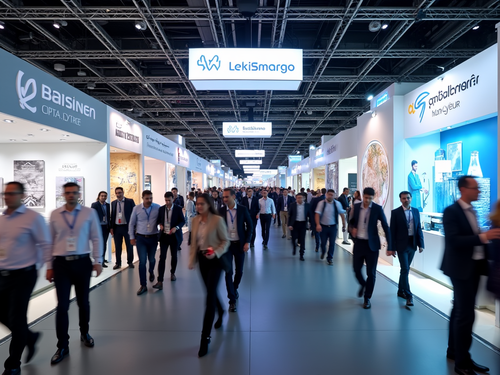 Busy trade show floor with attendees walking between exhibition stands with company logos.