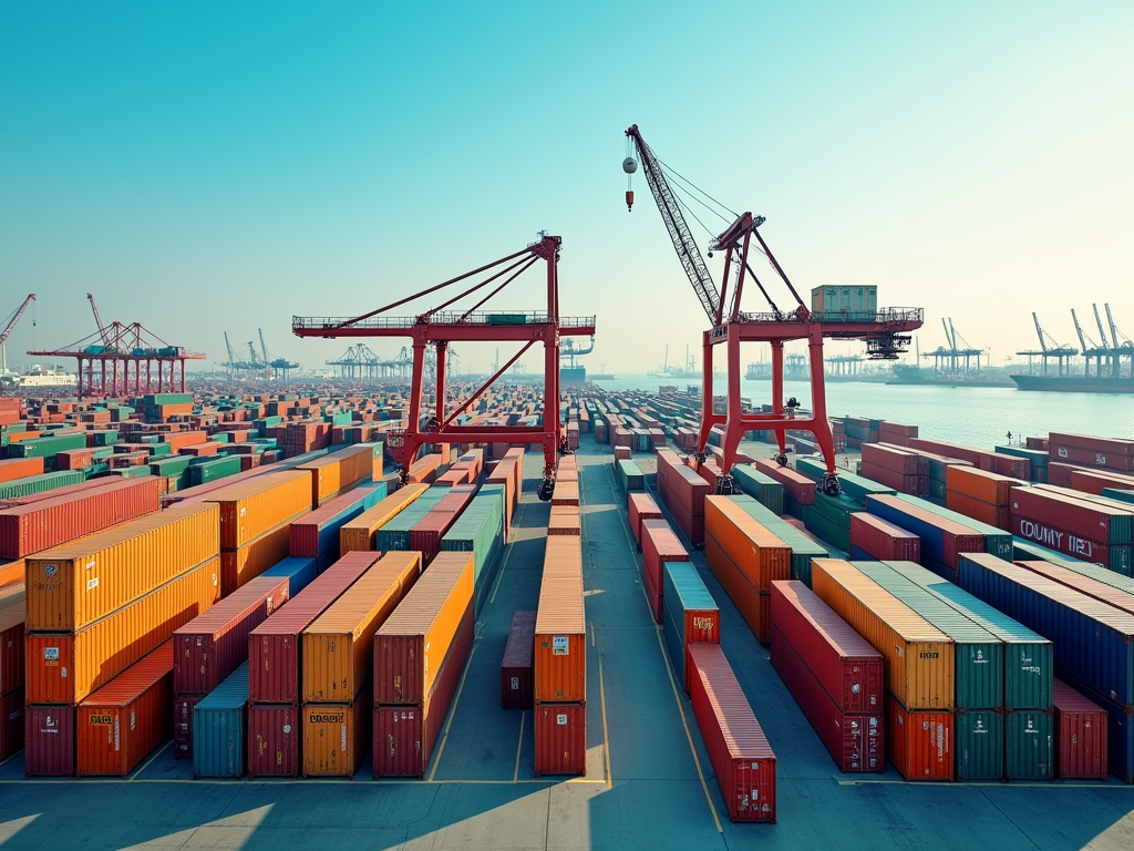 Vivid image of a busy container port with red cranes and neatly stacked multicolored containers.