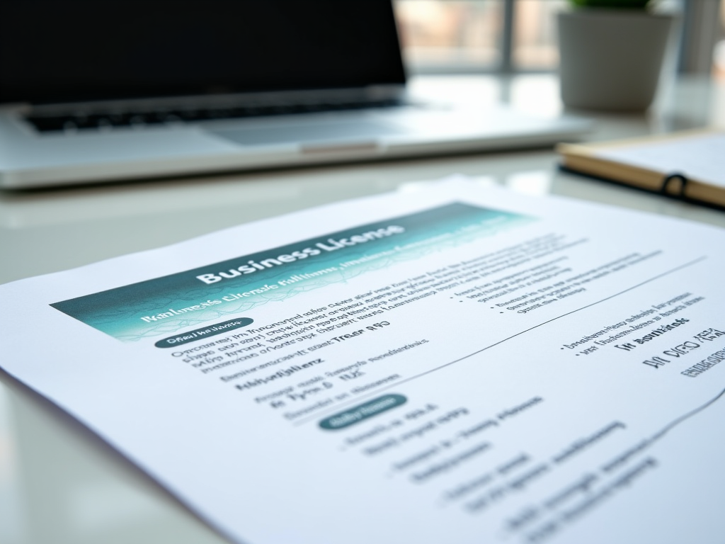 Close-up of a business license document on a table with a laptop and notebook in the background.