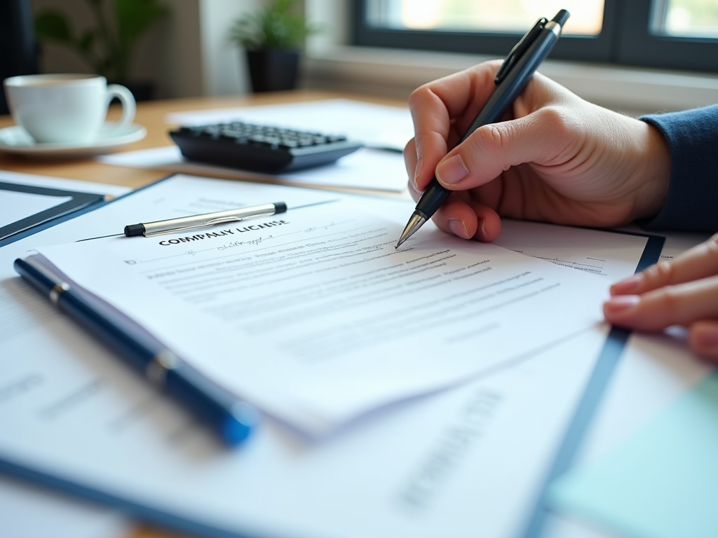 Person signing a "Company License" document on a desk with a coffee cup and calculator nearby.