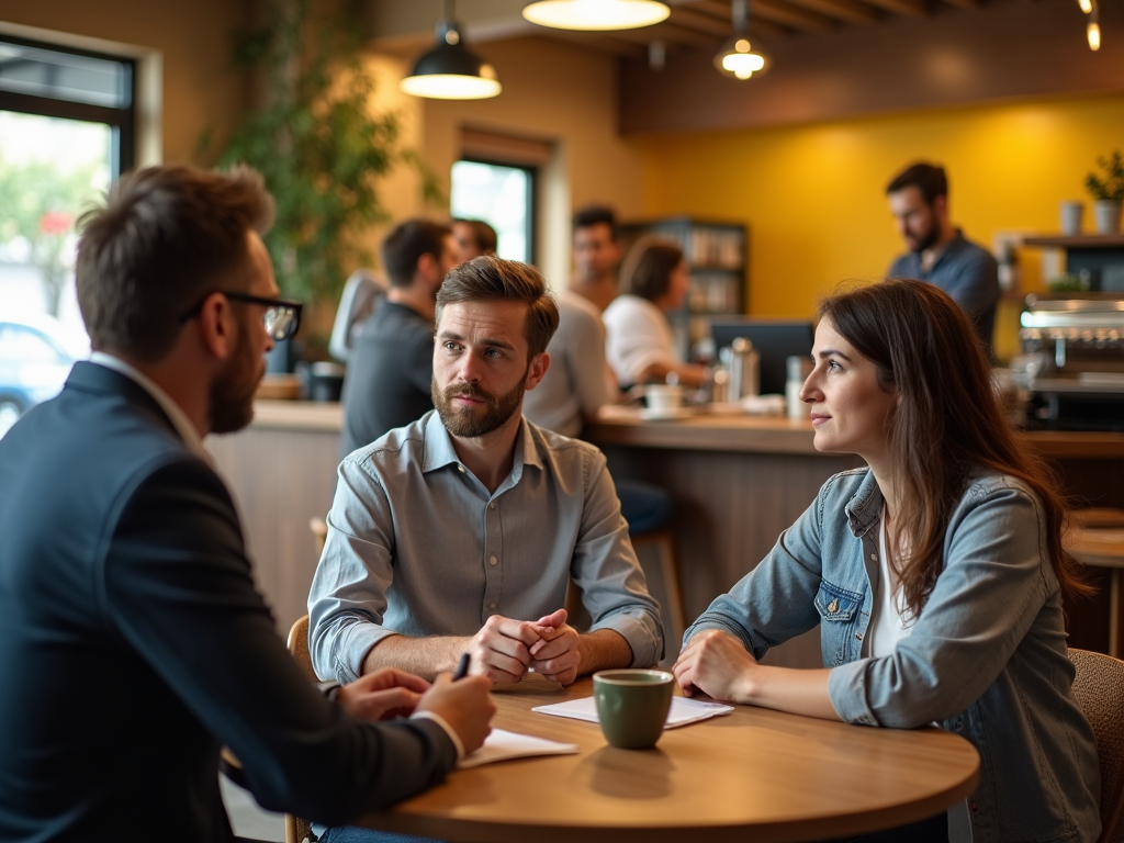 Three professionals having a meeting in a bustling coffee shop.