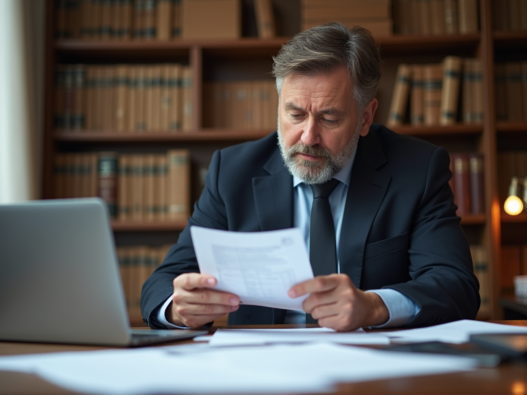 Senior businessman reading a document intently at his desk with laptop and books around.