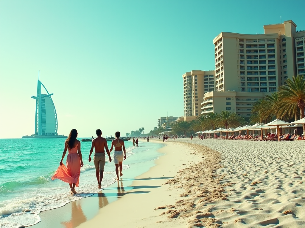 Three people walking on a sunny beach towards the iconic sail-shaped building by the sea.