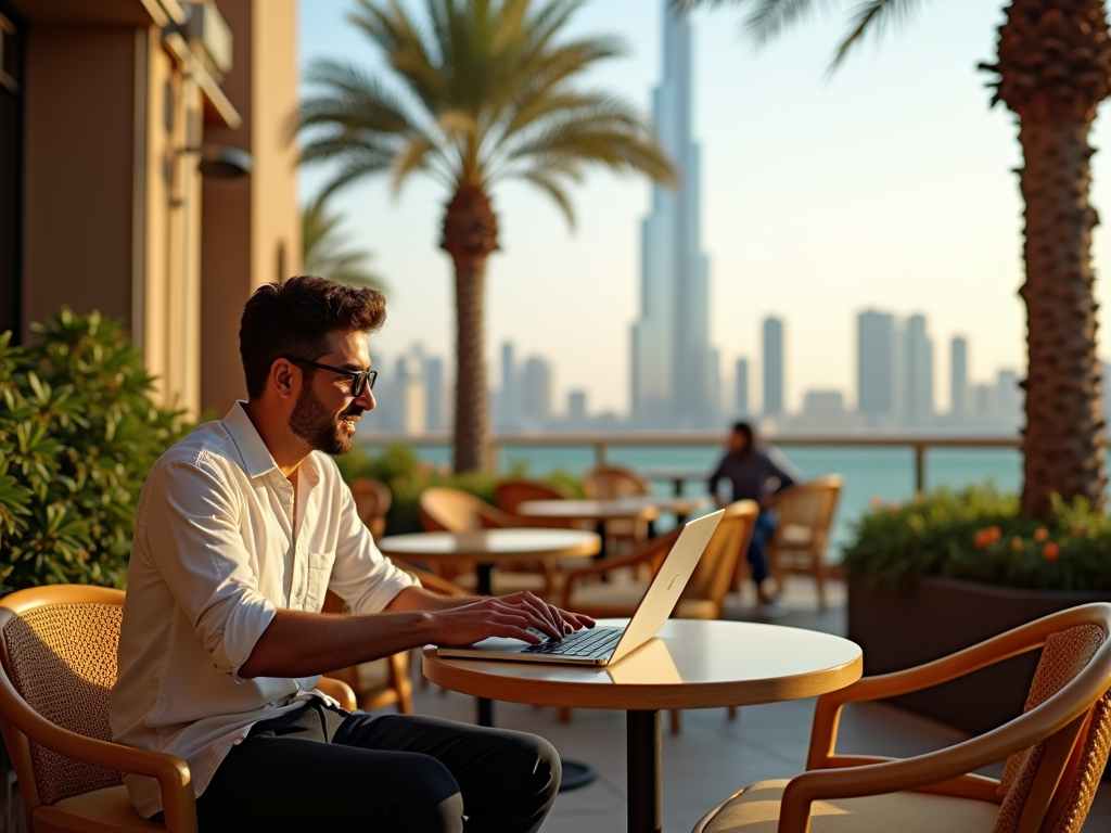 A man in a white shirt works on a laptop outdoors, with palm trees and a city skyline in the background.