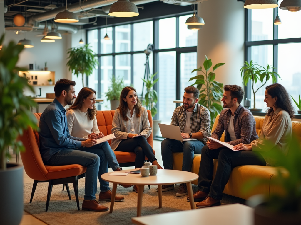 Six professionals having a meeting in a modern office lounge with laptops and documents.