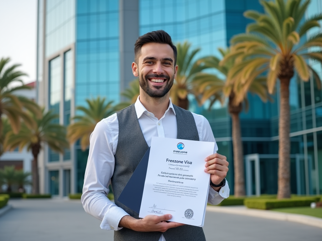 Smiling man holding a "Freezone Visa" document in front of a glass building with palm trees.