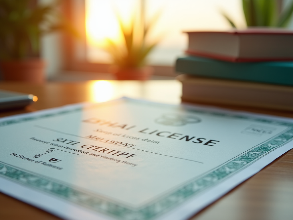 A close-up view of a certificate on a desk with books in the background, illuminated by warm sunlight.