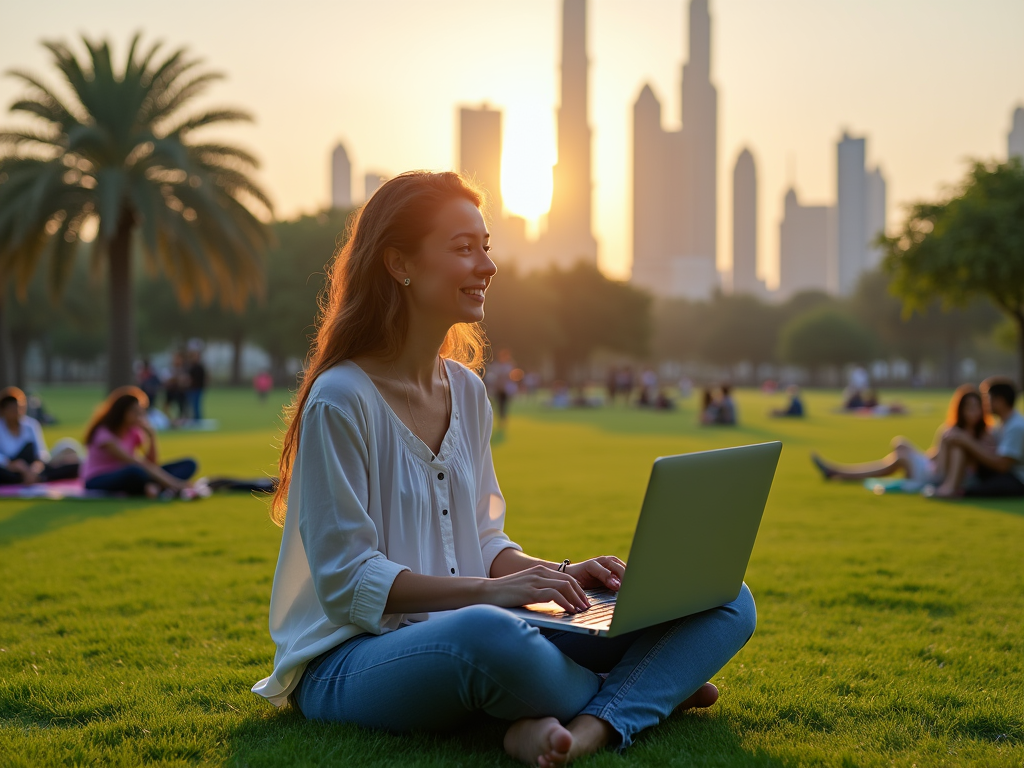 A woman sits on grass with a laptop, smiling against a sunset skyline and palm trees in the background.