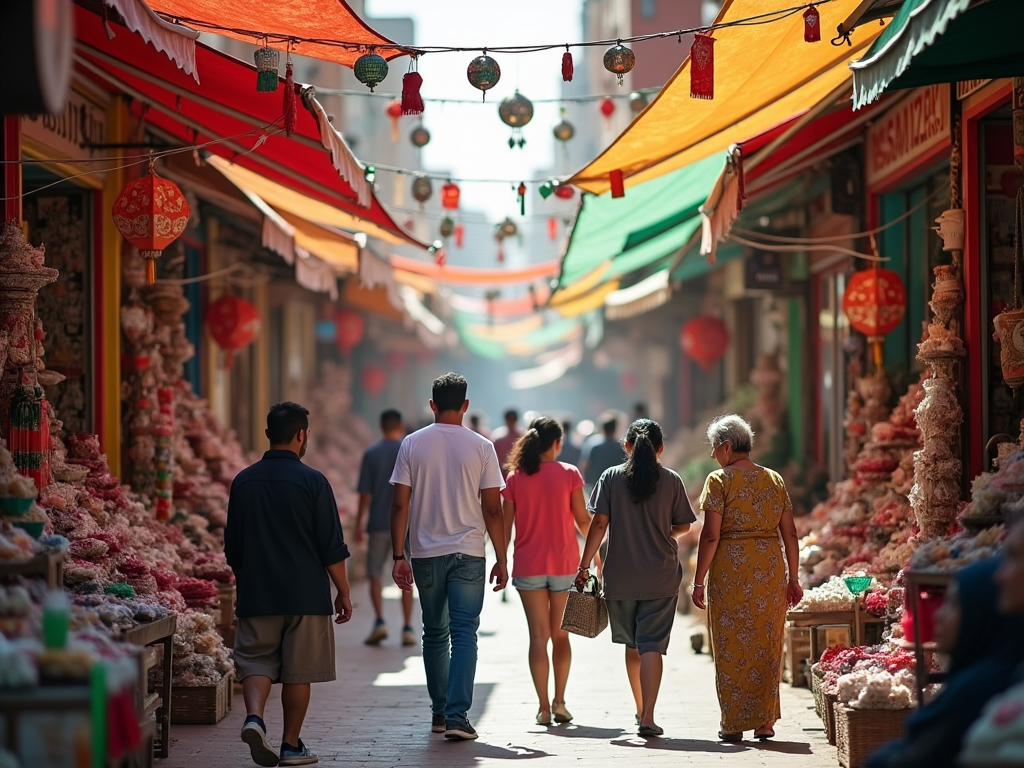 People walking through a vibrant market street with colorful canopies and hanging lanterns.