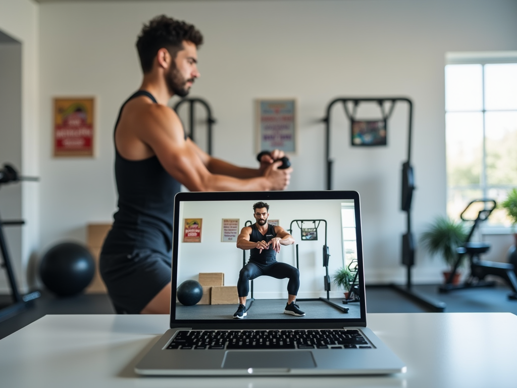 A man exercises in a gym, with another image of him in a workout video displayed on a laptop in front.