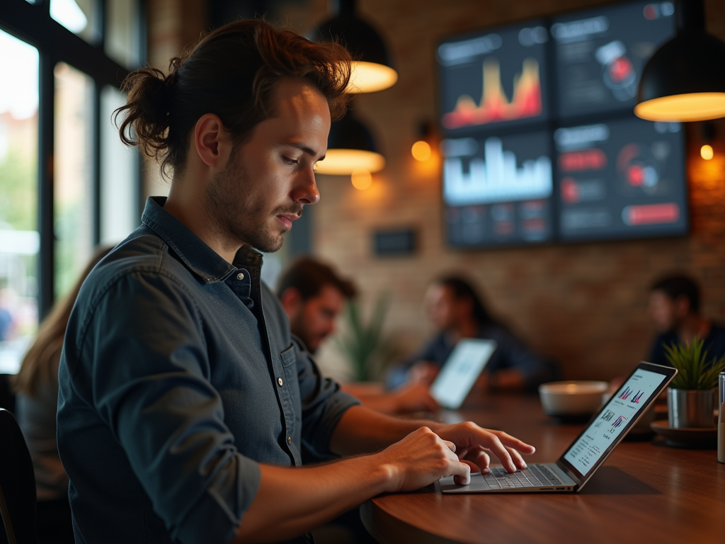 A young man working on a laptop in a café, focused on charts and data, with others working in the background.