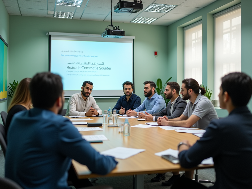 Professionals in a meeting discussing a presentation titled "Reauh Commitee Srouder."