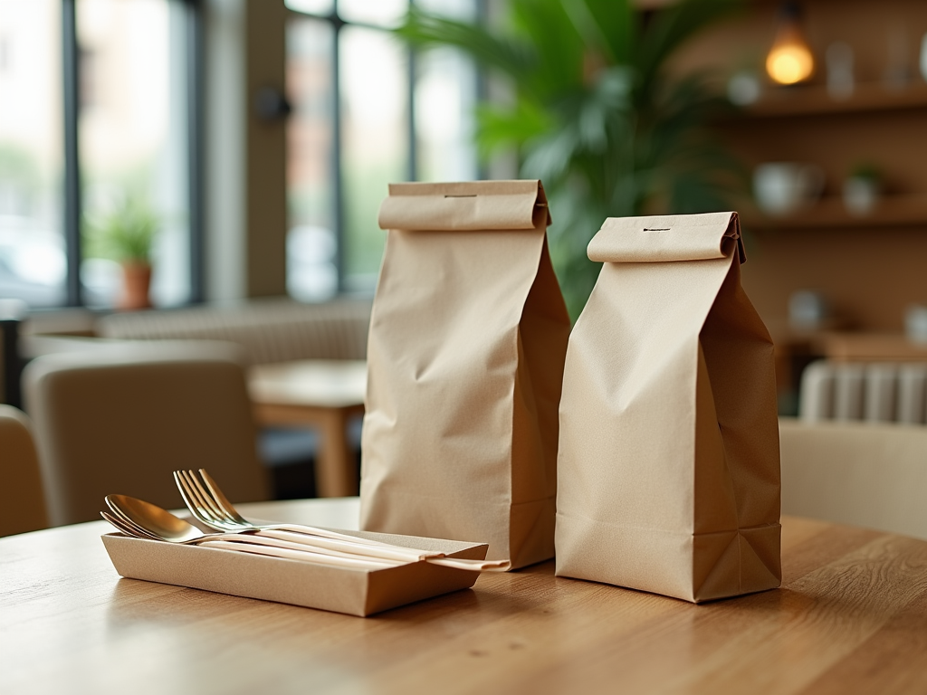 Two brown paper bags and a container with utensils sit on a wooden table in a cozy café setting.